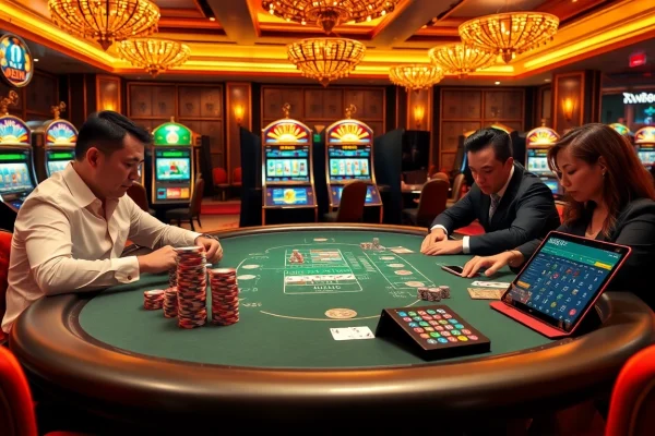 Bí kíp NK88 showcases a luxurious poker scene with players, colorful chips, and sleek slot machines.