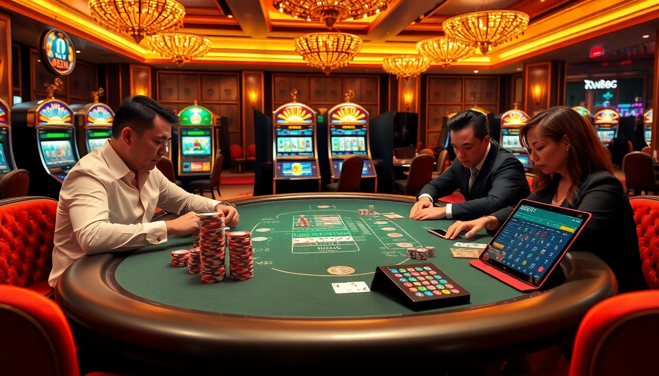 Bí kíp NK88 showcases a luxurious poker scene with players, colorful chips, and sleek slot machines.
