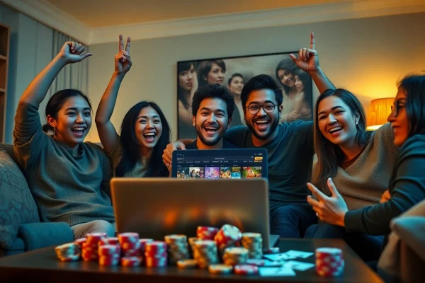 Celebrating a win on ev88win.live with friends in a cozy living room setting.