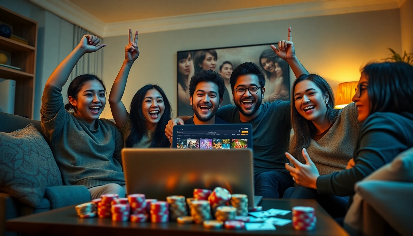 Celebrating a win on ev88win.live with friends in a cozy living room setting.