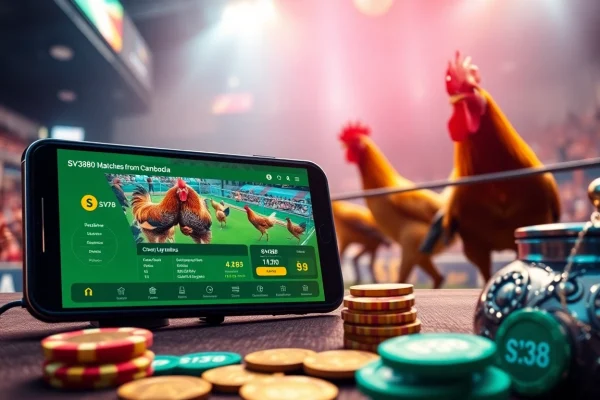 Experience the thrill of live cockfighting with the SV368 app, showcasing dynamic betting moments.