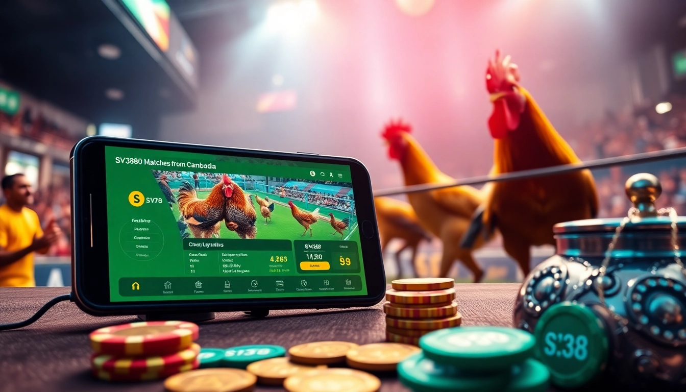 Experience the thrill of live cockfighting with the SV368 app, showcasing dynamic betting moments.
