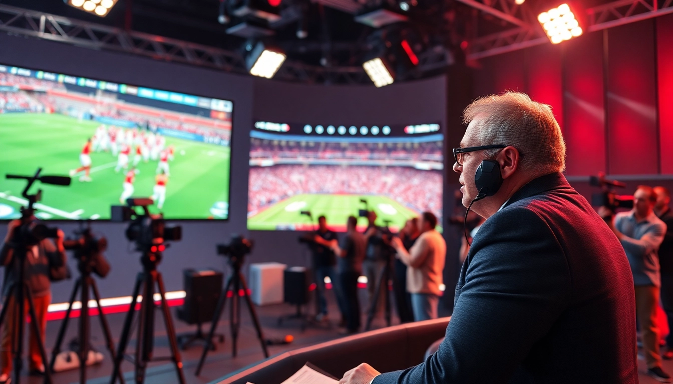 Dynamic sports broadcasting scene with an engaged commentator and vibrant studio setup.