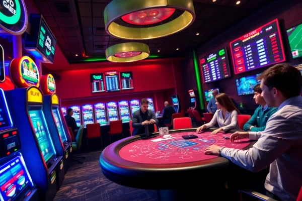 Experience the vibrant online gambling atmosphere at stimmgewitter.org, showcasing engaged players at live tables and colorful slot machines.