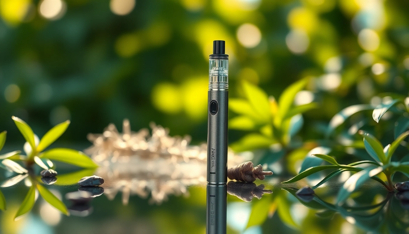 Find where to buy dmt with a close-up of a DMT vape pen amid natural foliage.